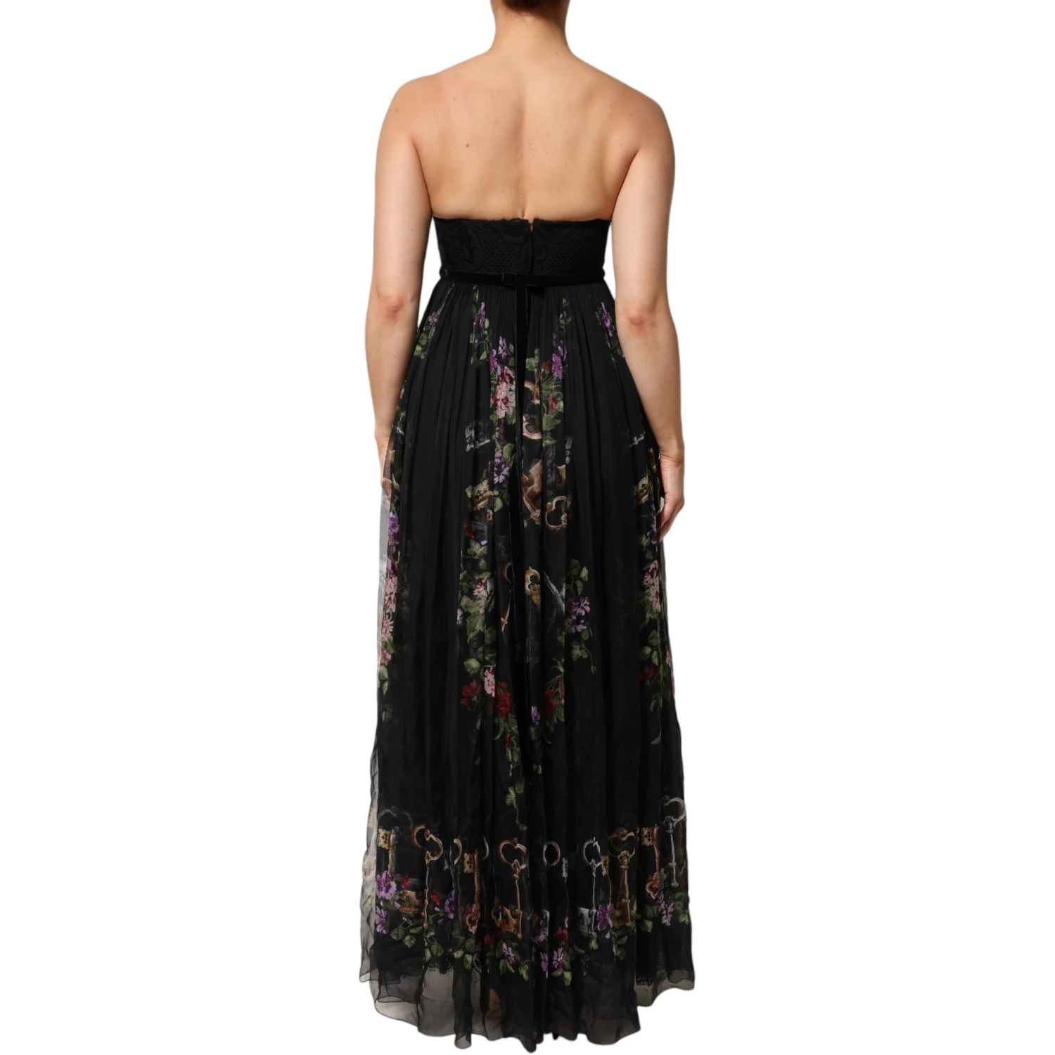 Black Floral Key Print Crystal Strapless Dress