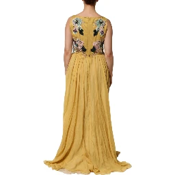 Yellow Silk Floral Embroidered Maxi Dress