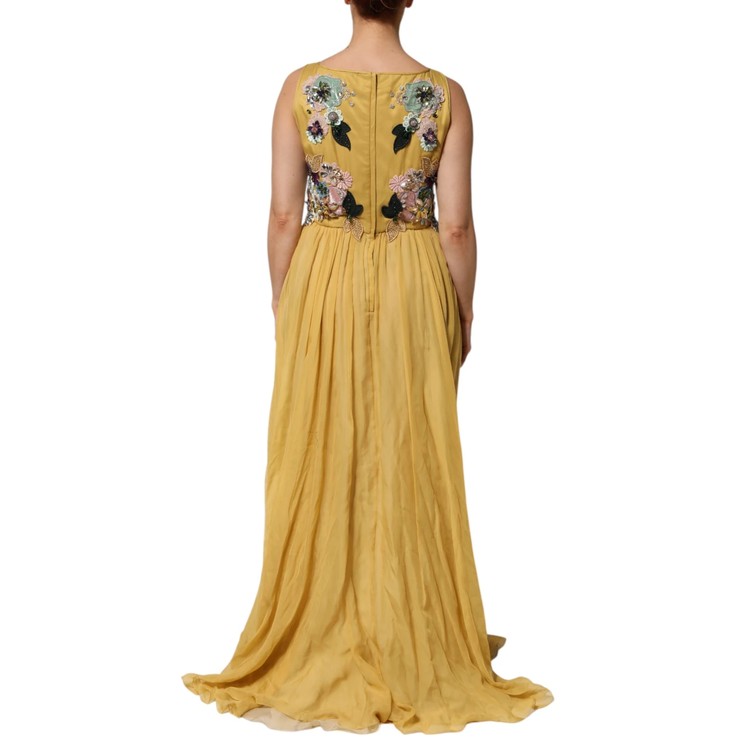 Yellow Silk Floral Embroidered Maxi Dress
