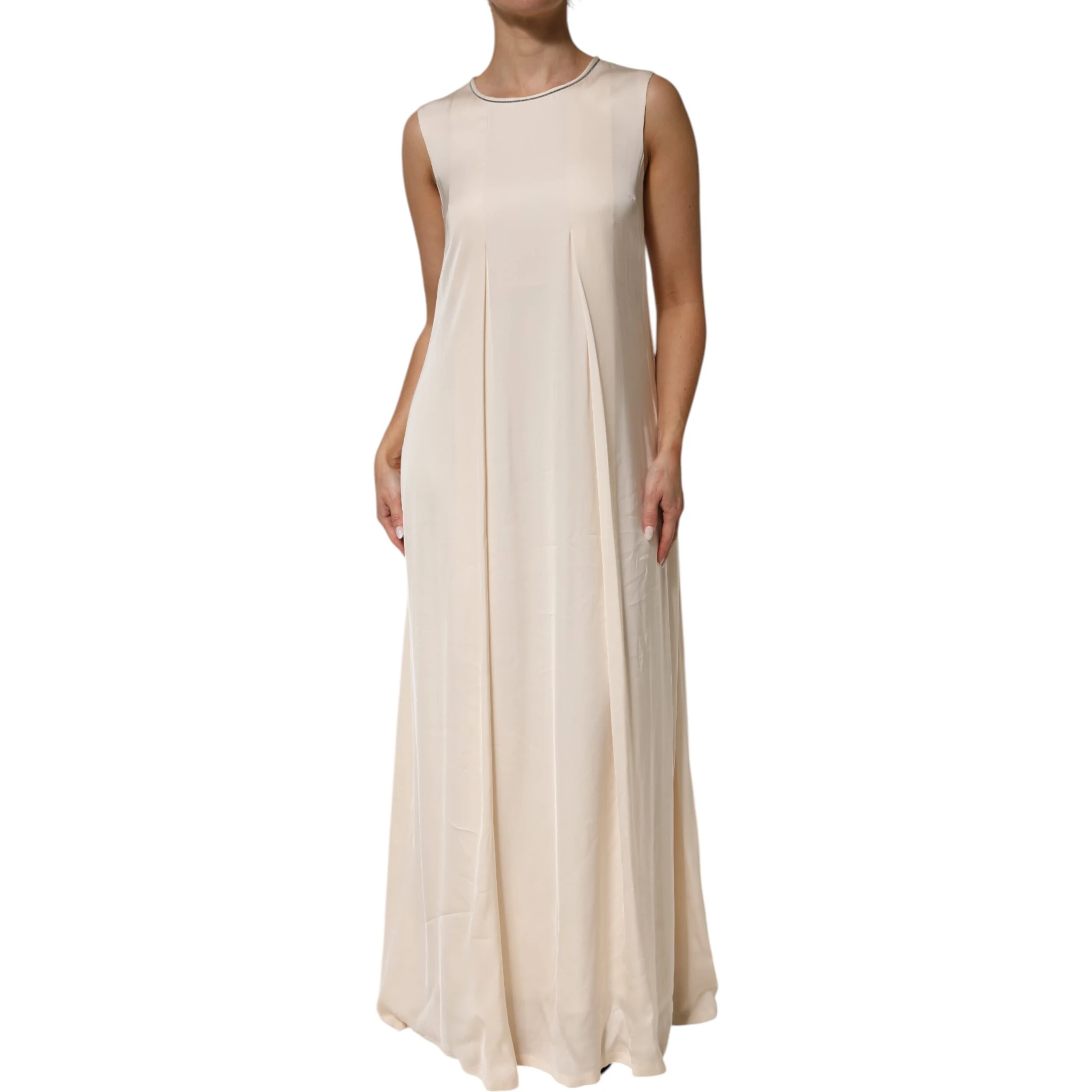 Beige Viscose Pleated Sleeveless Long Maxi Dress