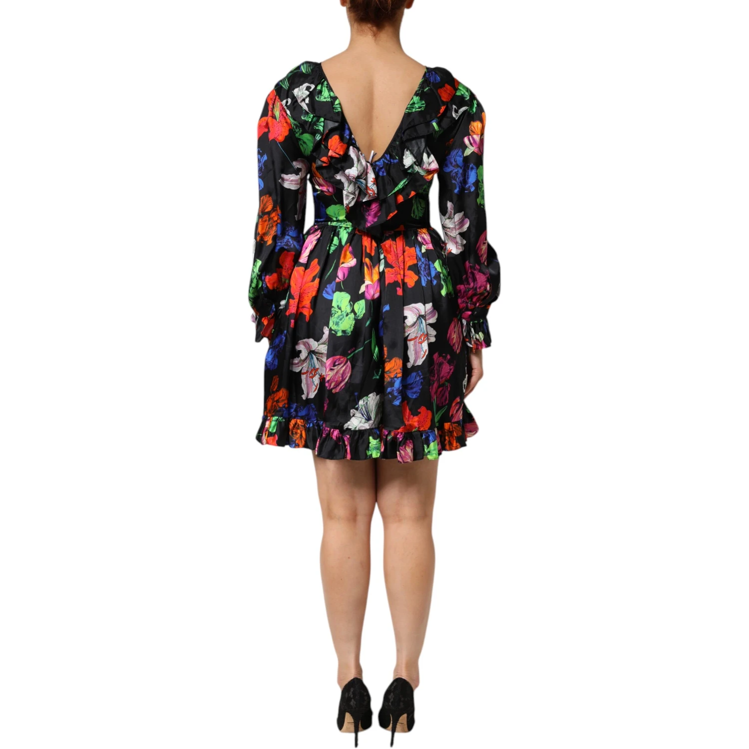 Dress Black Multicolor Floral Ruffle Long Sleeve Mini Dress