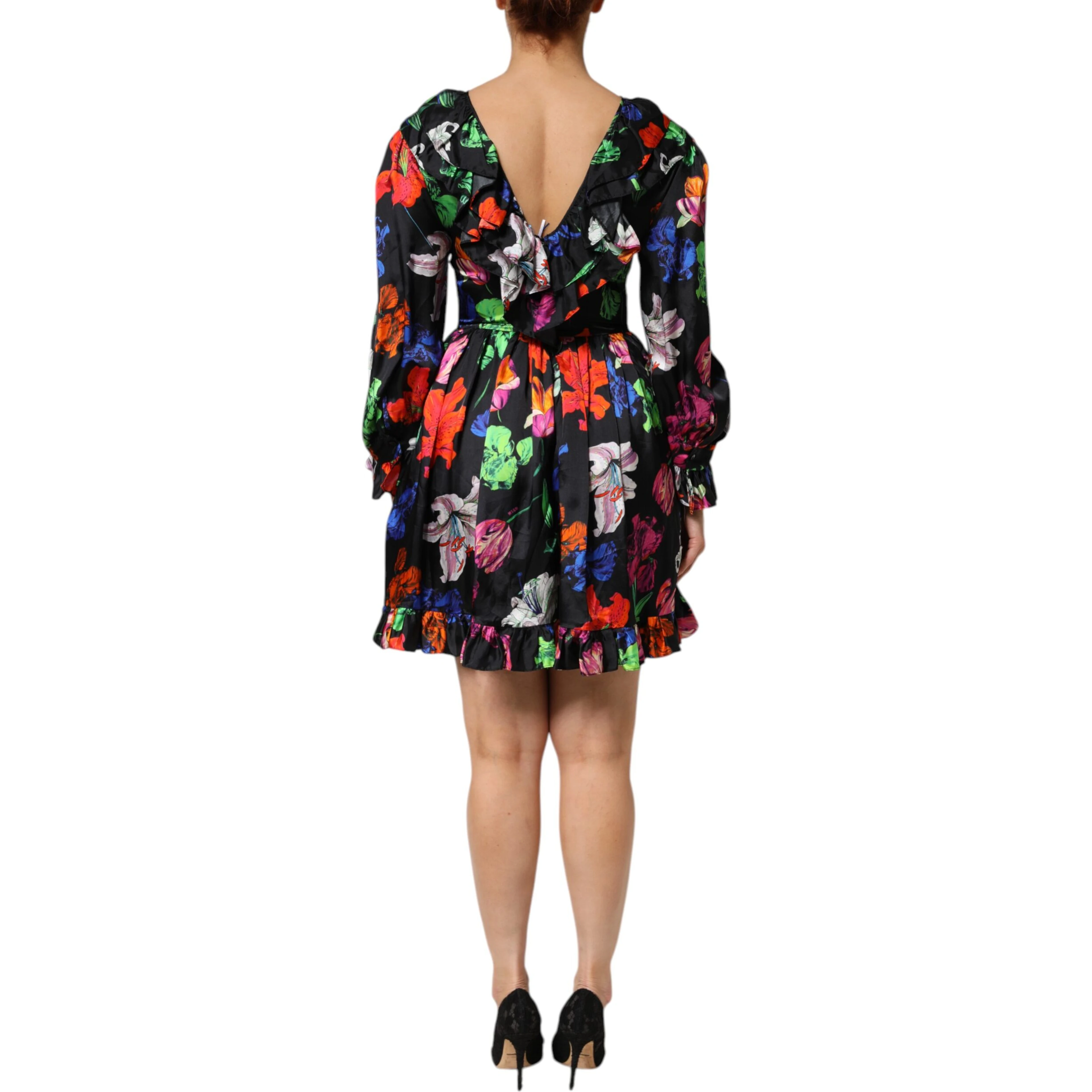 Dress Black Multicolor Floral Ruffle Long Sleeve Mini Dress