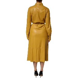 Polyester Belted Shirt Midi Long Sleeve Yellow Mustard