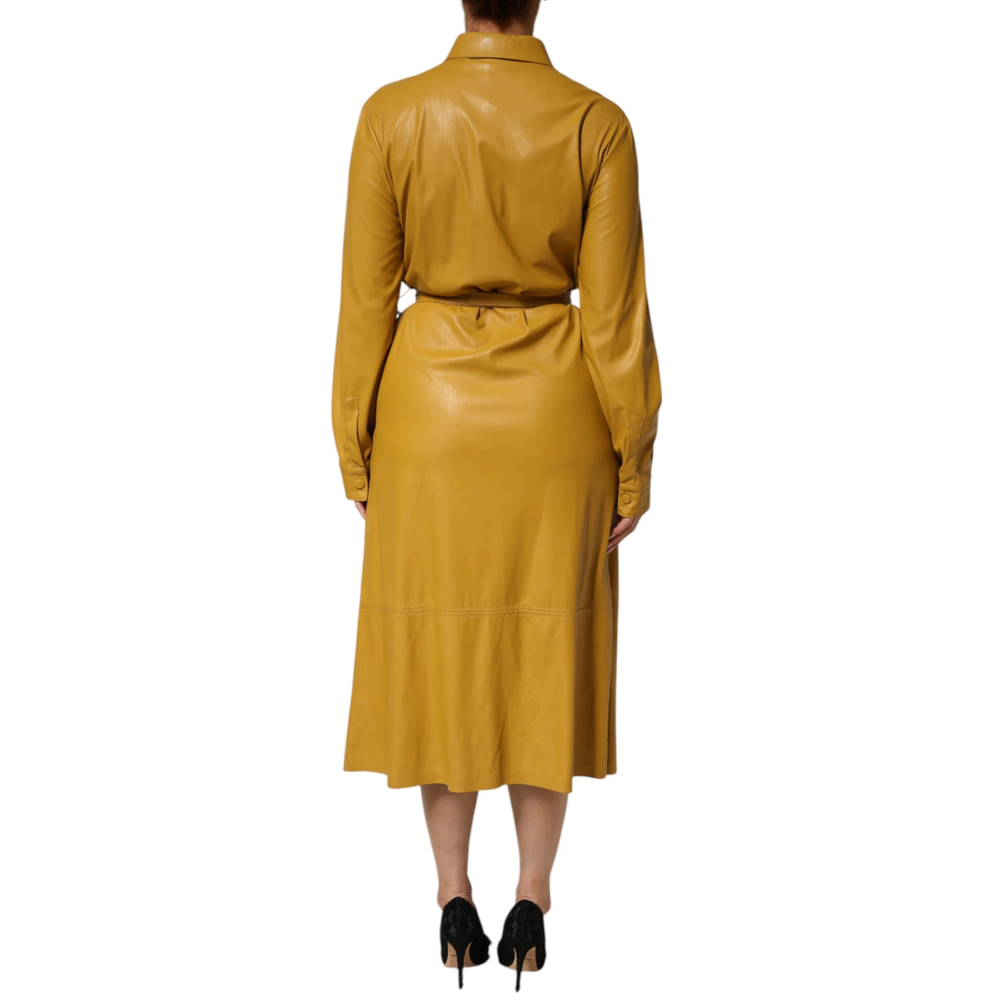Polyester Belted Shirt Midi Long Sleeve Yellow Mustard