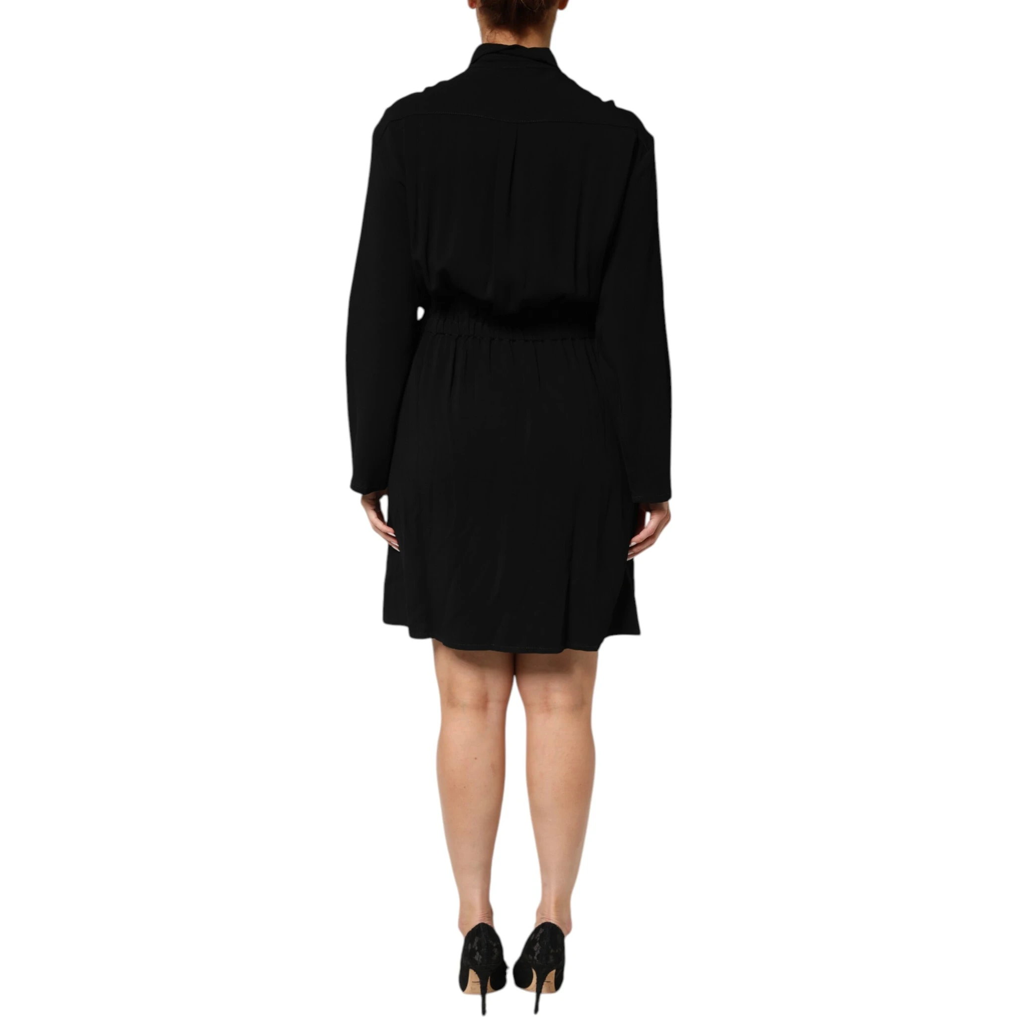 Black Viscose Blend Shirt Style Belted  Dress