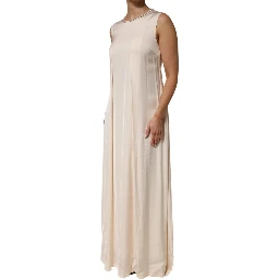 Beige Viscose Pleated Sleeveless Long Maxi Dress