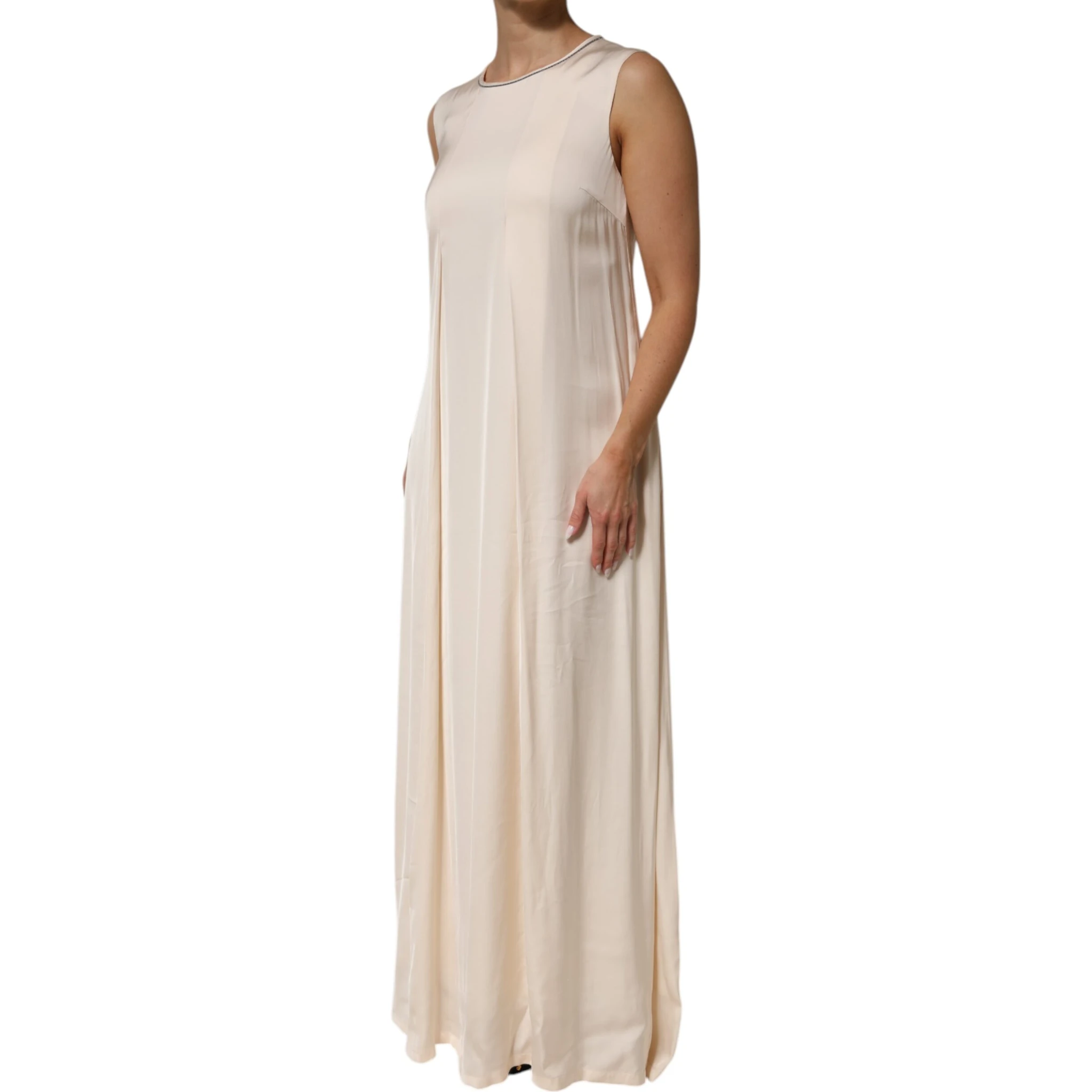 Beige Viscose Pleated Sleeveless Long Maxi Dress
