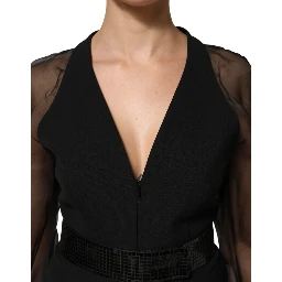 Black Sheer Sleeve Belted V-Neck Mini Dress