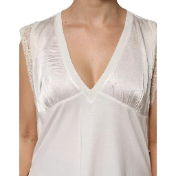 White Silk Blend Lace Trim Sleeveless V-Neck Women’s Top