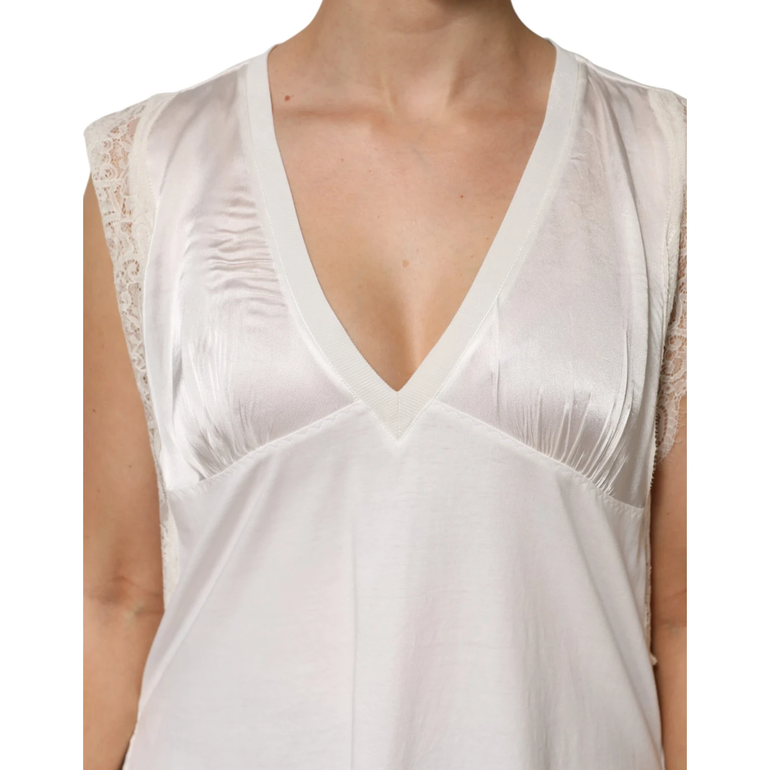 White Silk Blend Lace Trim Sleeveless V-Neck Women’s Top