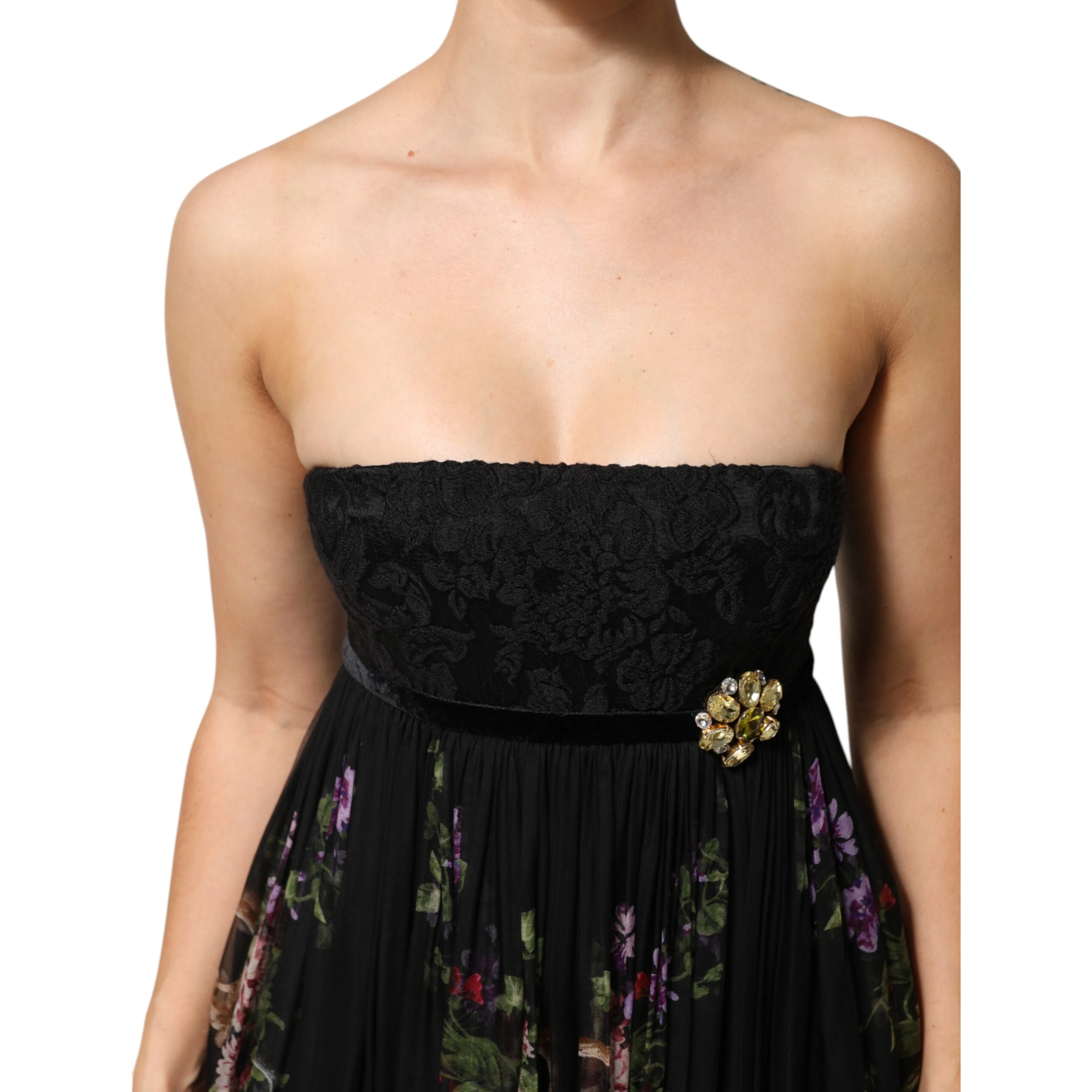 Black Floral Key Print Crystal Strapless Dress