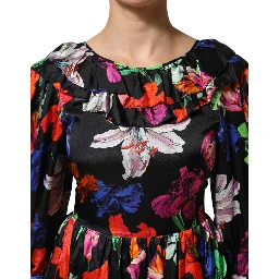Dress Black Multicolor Floral Ruffle Long Sleeve Mini Dress