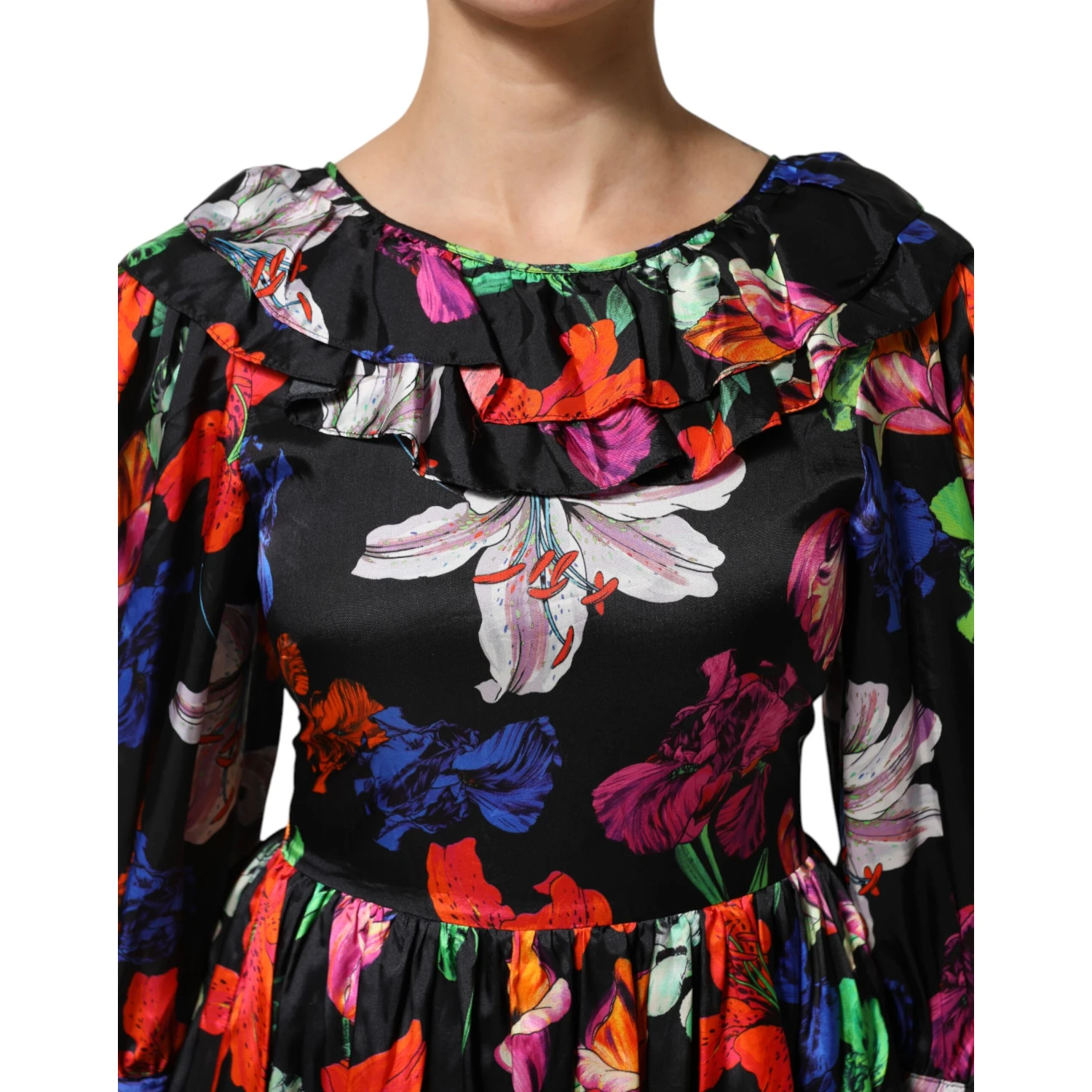 Dress Black Multicolor Floral Ruffle Long Sleeve Mini Dress