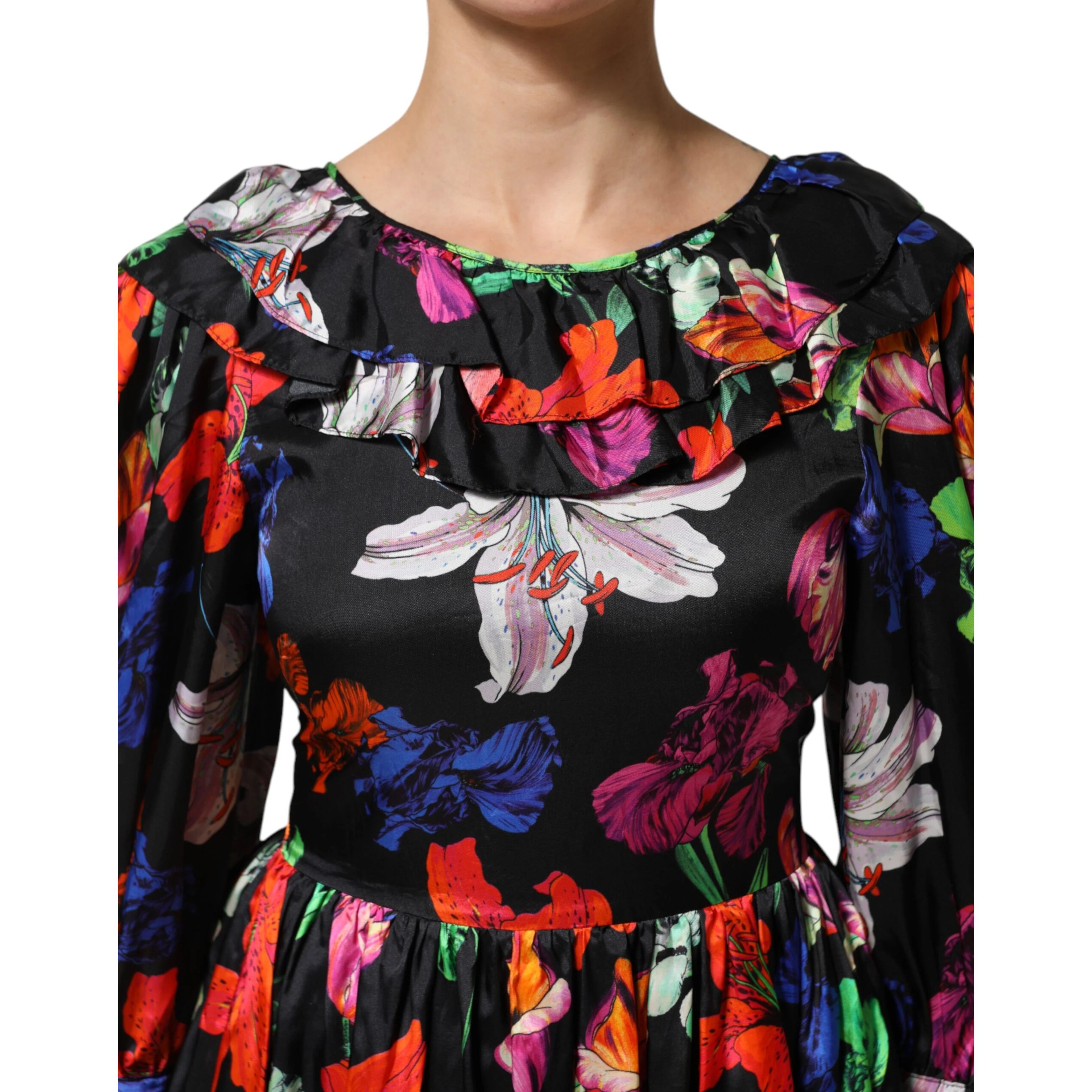 Dress Black Multicolor Floral Ruffle Long Sleeve Mini Dress