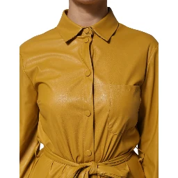 Polyester Belted Shirt Midi Long Sleeve Yellow Mustard