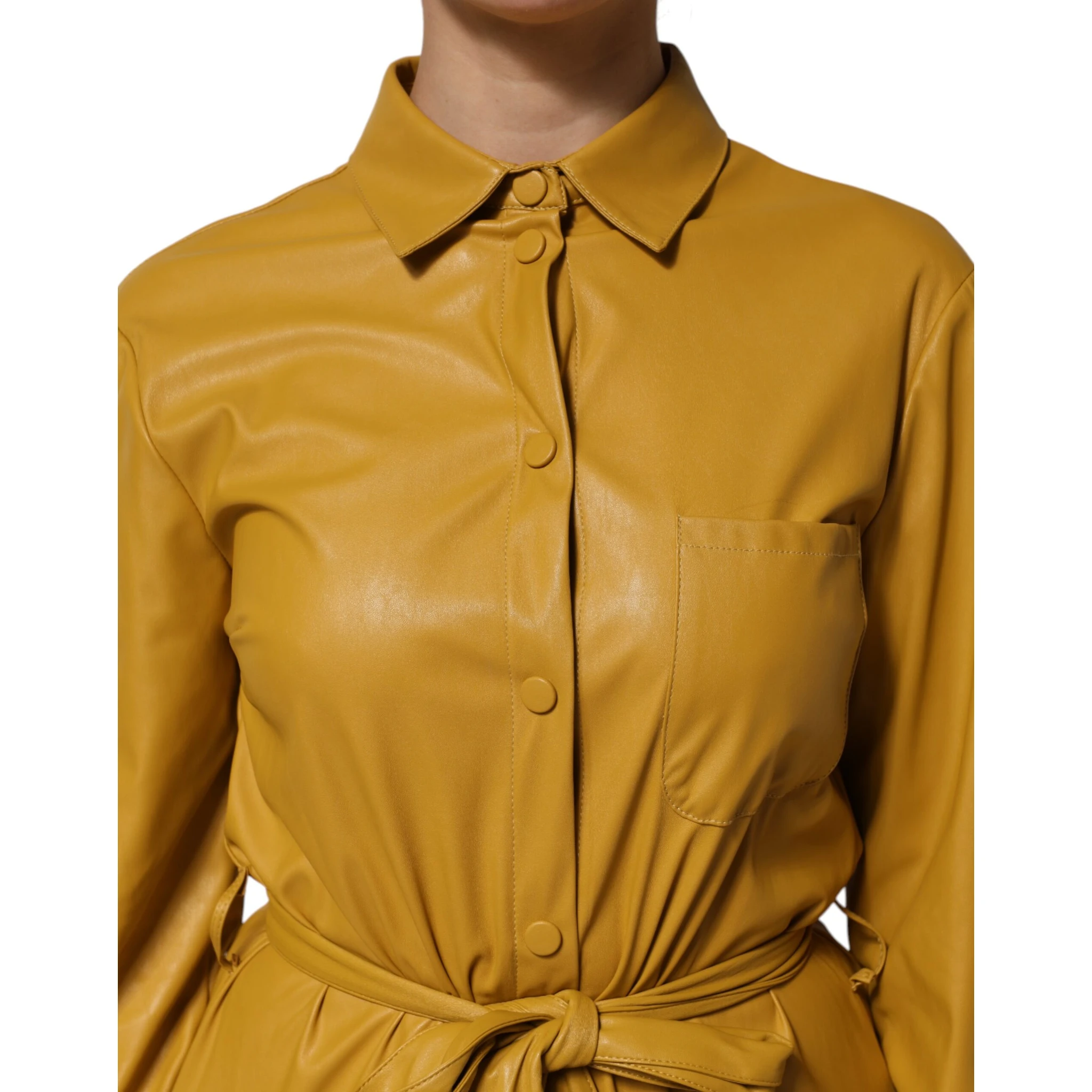 Polyester Belted Shirt Midi Long Sleeve Yellow Mustard