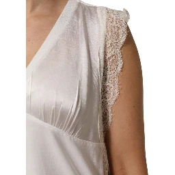 White Silk Blend Lace Trim Sleeveless V-Neck Women’s Top