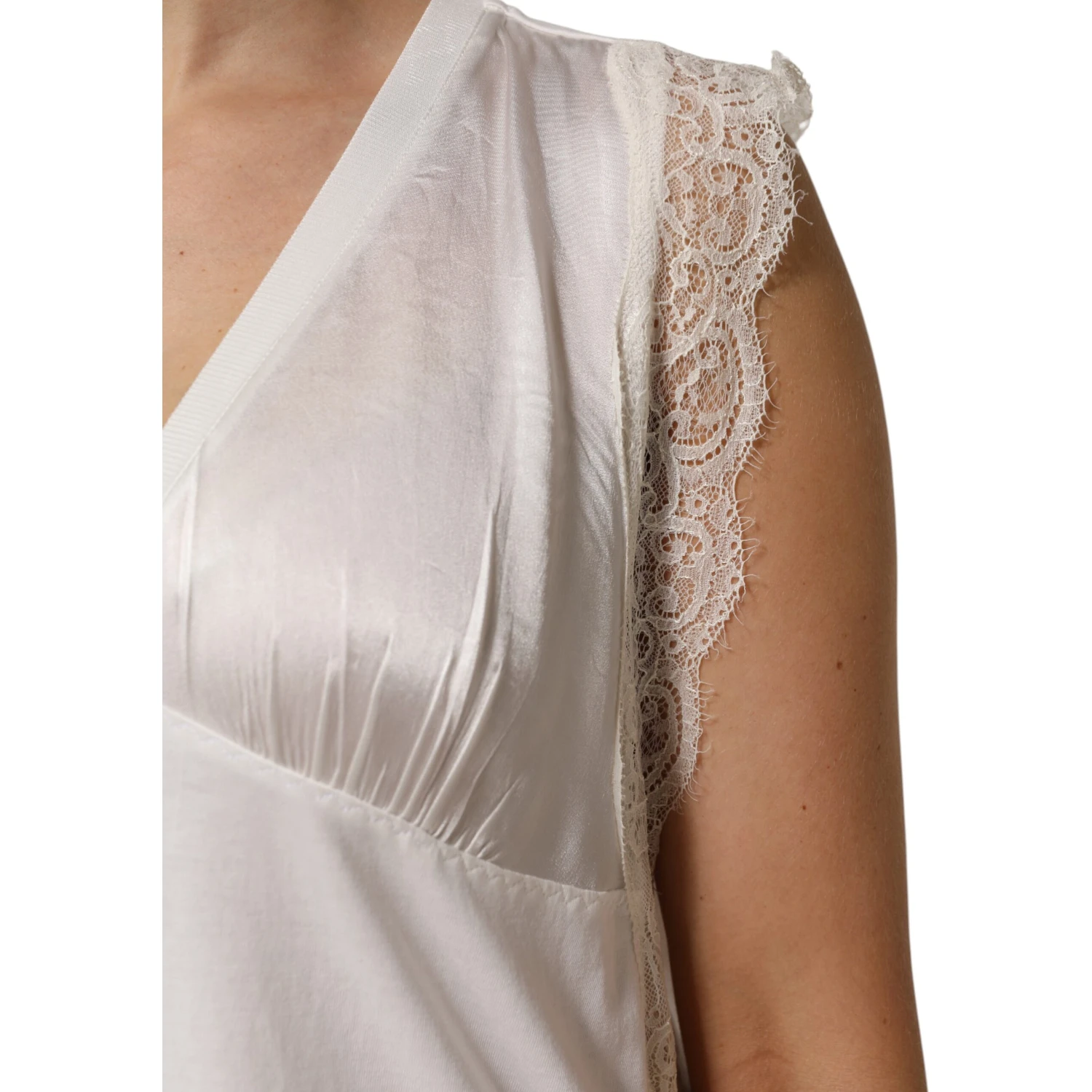 White Silk Blend Lace Trim Sleeveless V-Neck Women’s Top