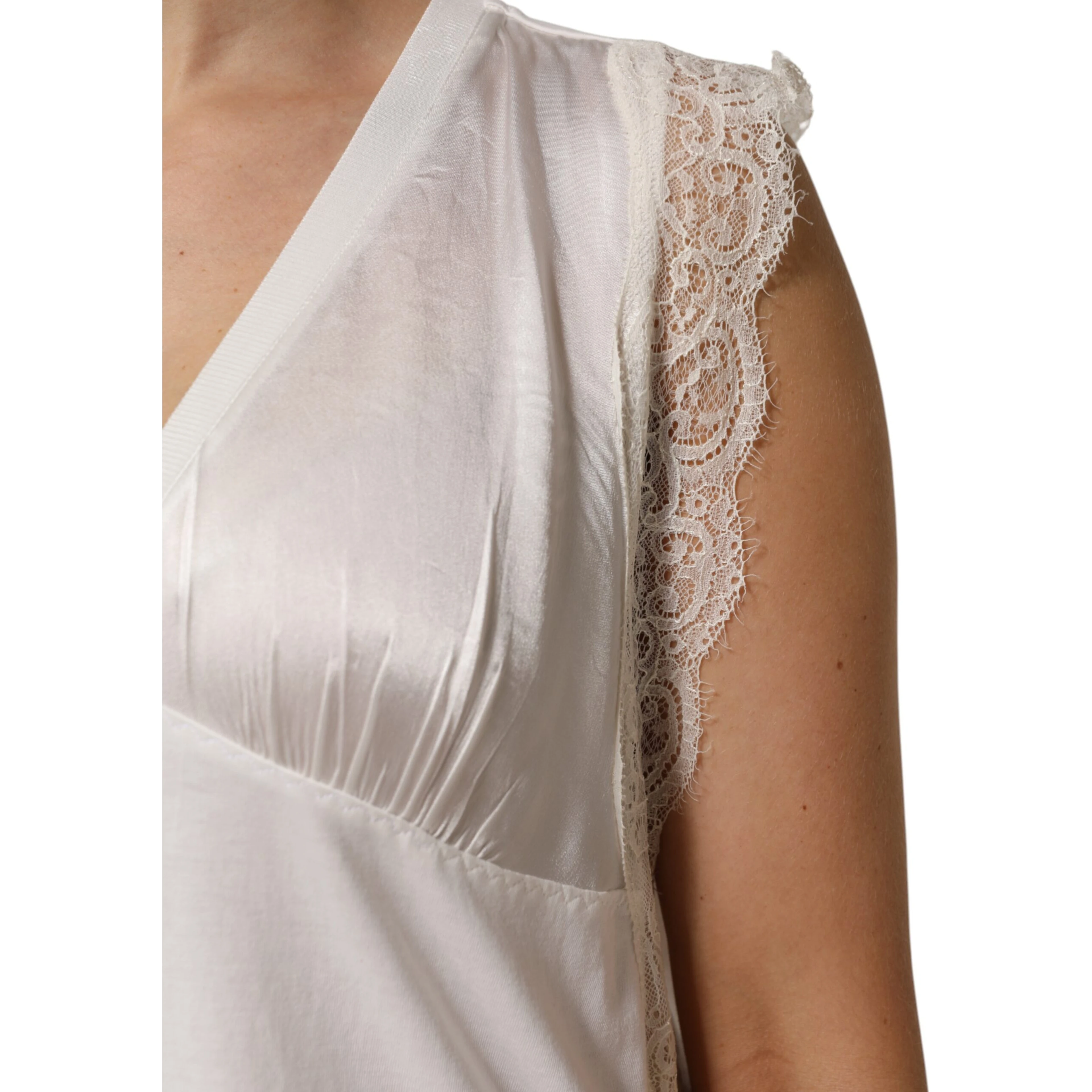 White Silk Blend Lace Trim Sleeveless V-Neck Women’s Top