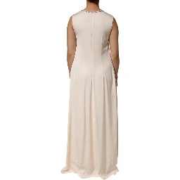 Beige Viscose Pleated Sleeveless Long Maxi Dress