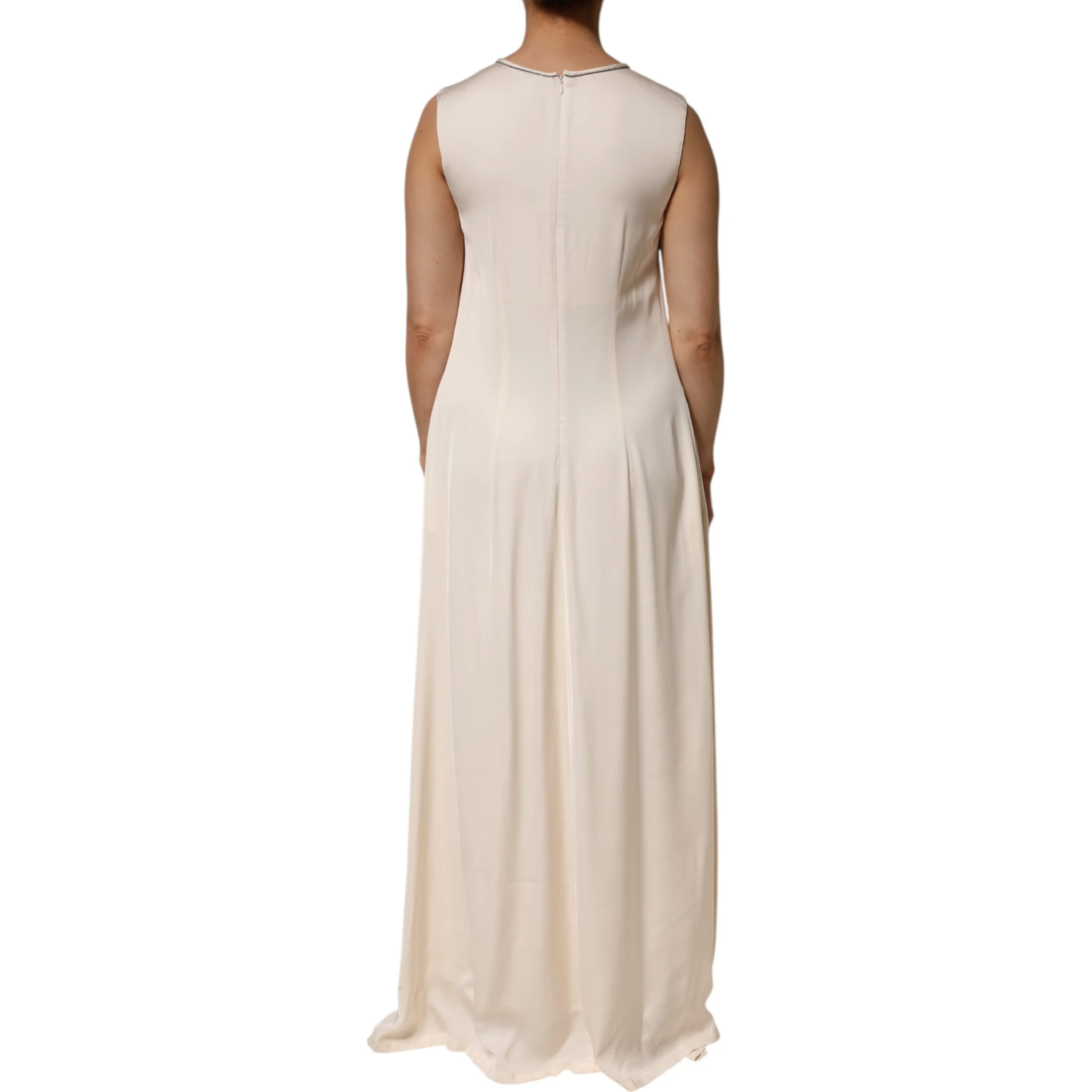 Beige Viscose Pleated Sleeveless Long Maxi Dress
