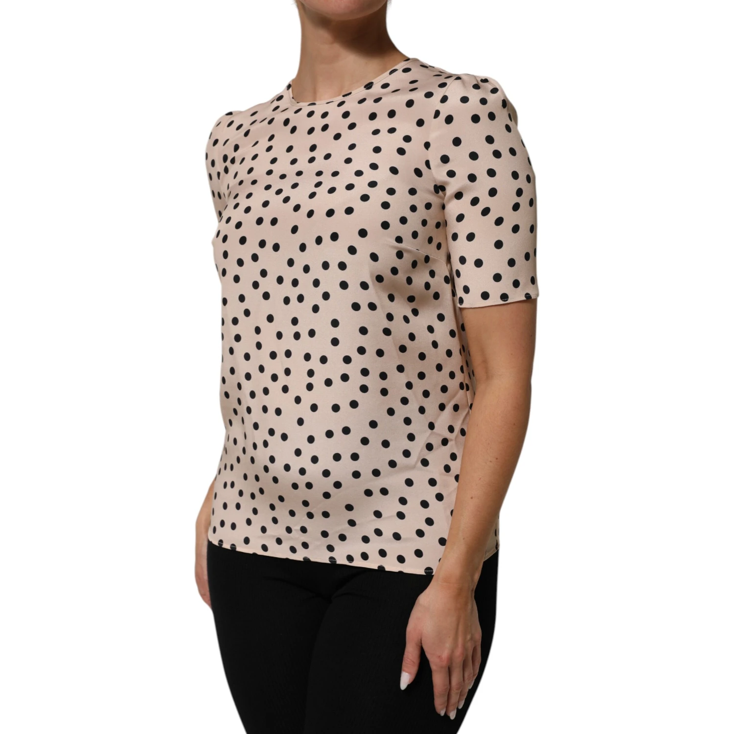 Beige Black Polka Dot Silk Short Sleeve Blouse Top