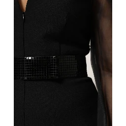 Black Sheer Sleeve Belted V-Neck Mini Dress