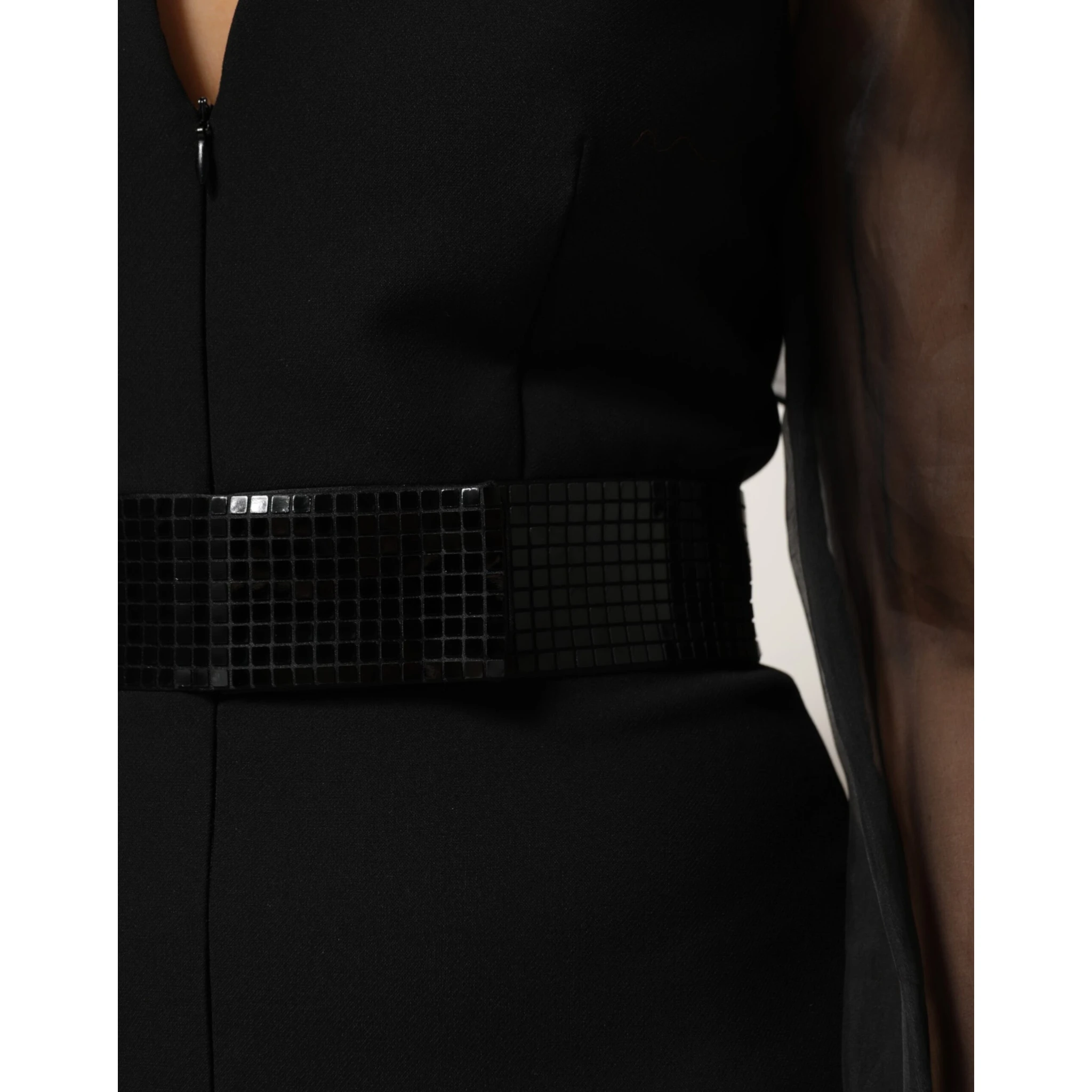 Black Sheer Sleeve Belted V-Neck Mini Dress