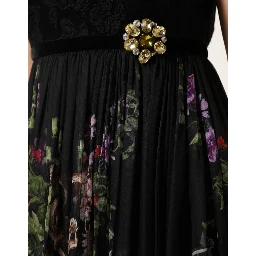 Black Floral Key Print Crystal Strapless Dress