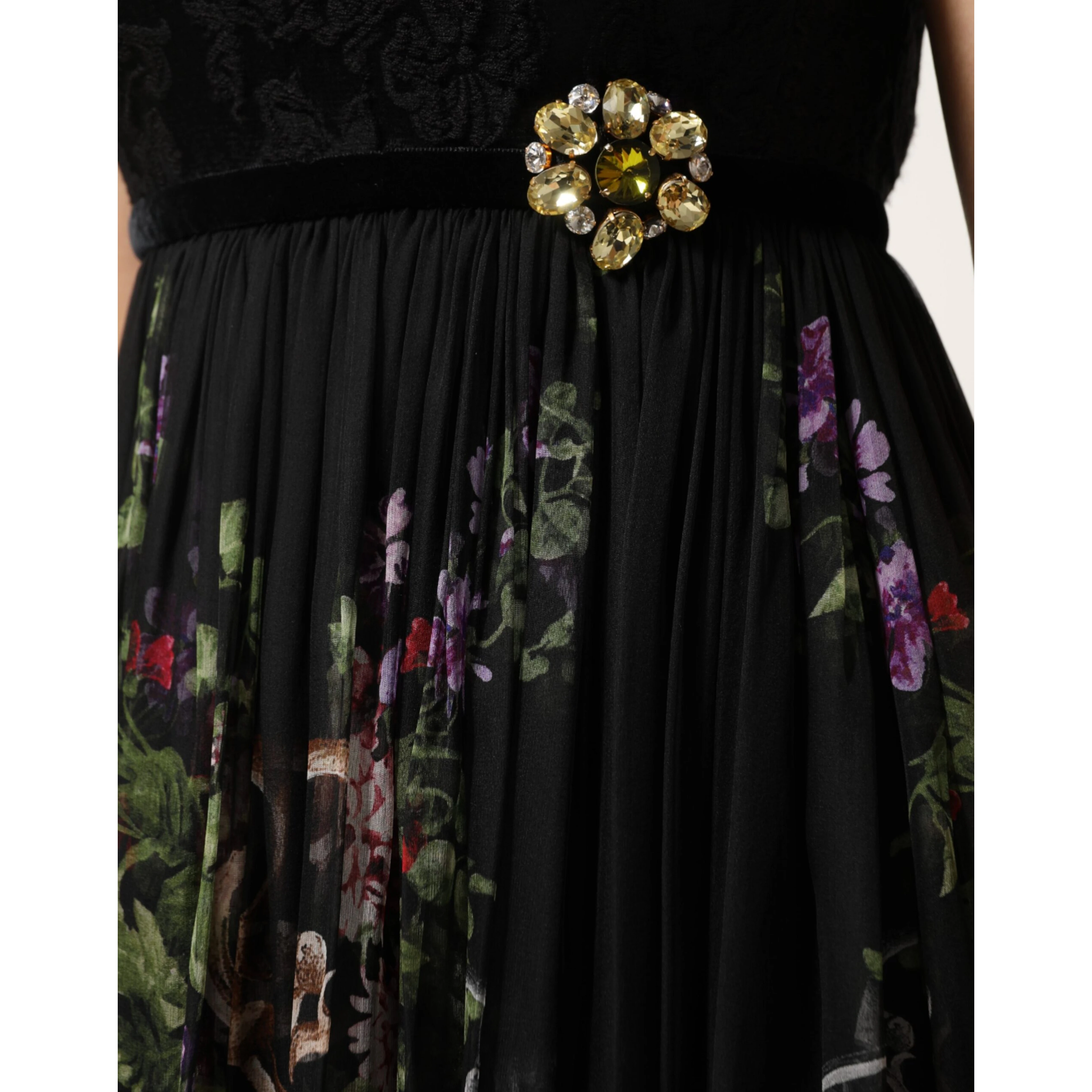 Black Floral Key Print Crystal Strapless Dress