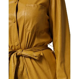 Polyester Belted Shirt Midi Long Sleeve Yellow Mustard