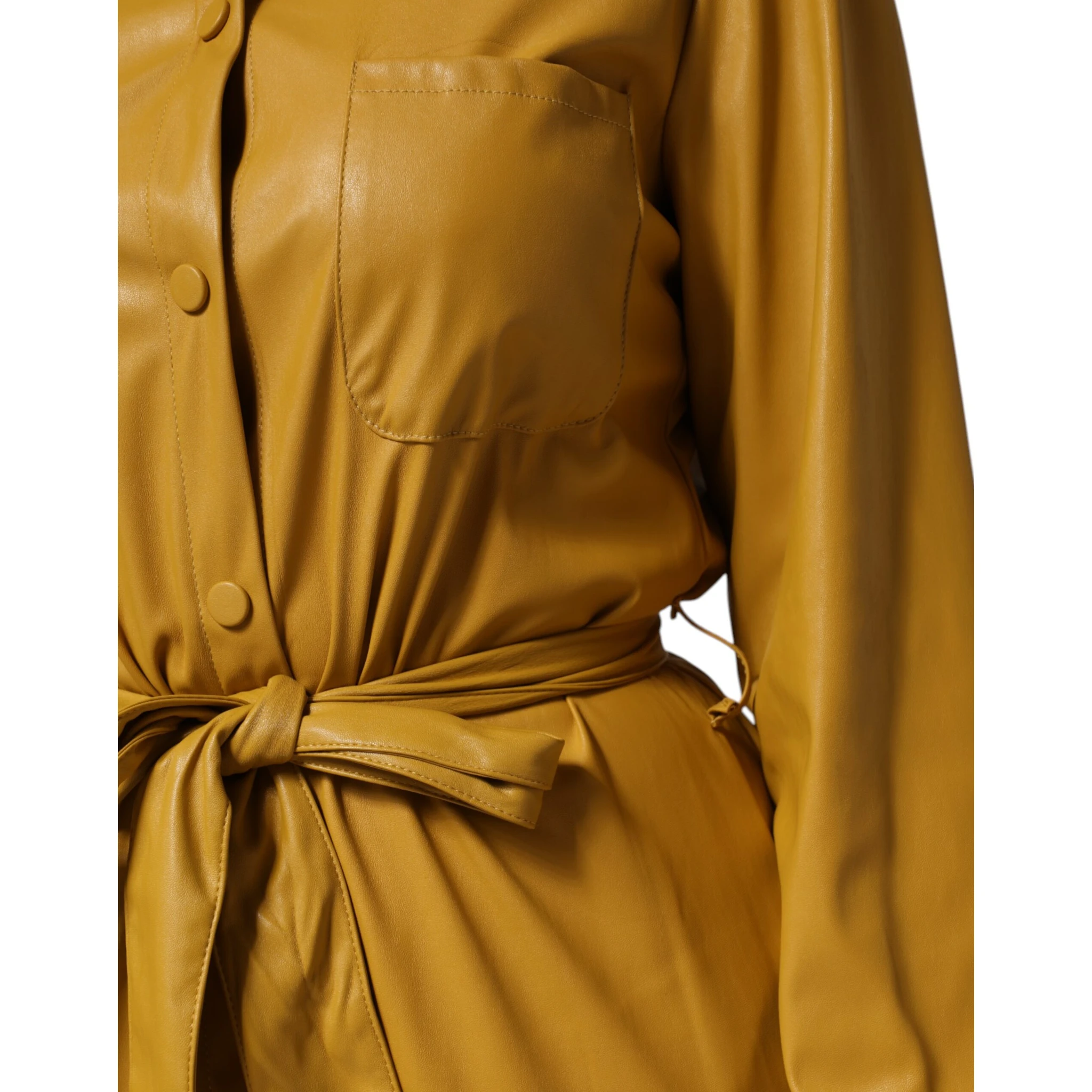Polyester Belted Shirt Midi Long Sleeve Yellow Mustard