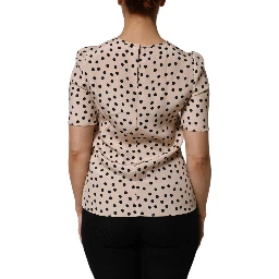 Beige Black Polka Dot Silk Short Sleeve Blouse Top