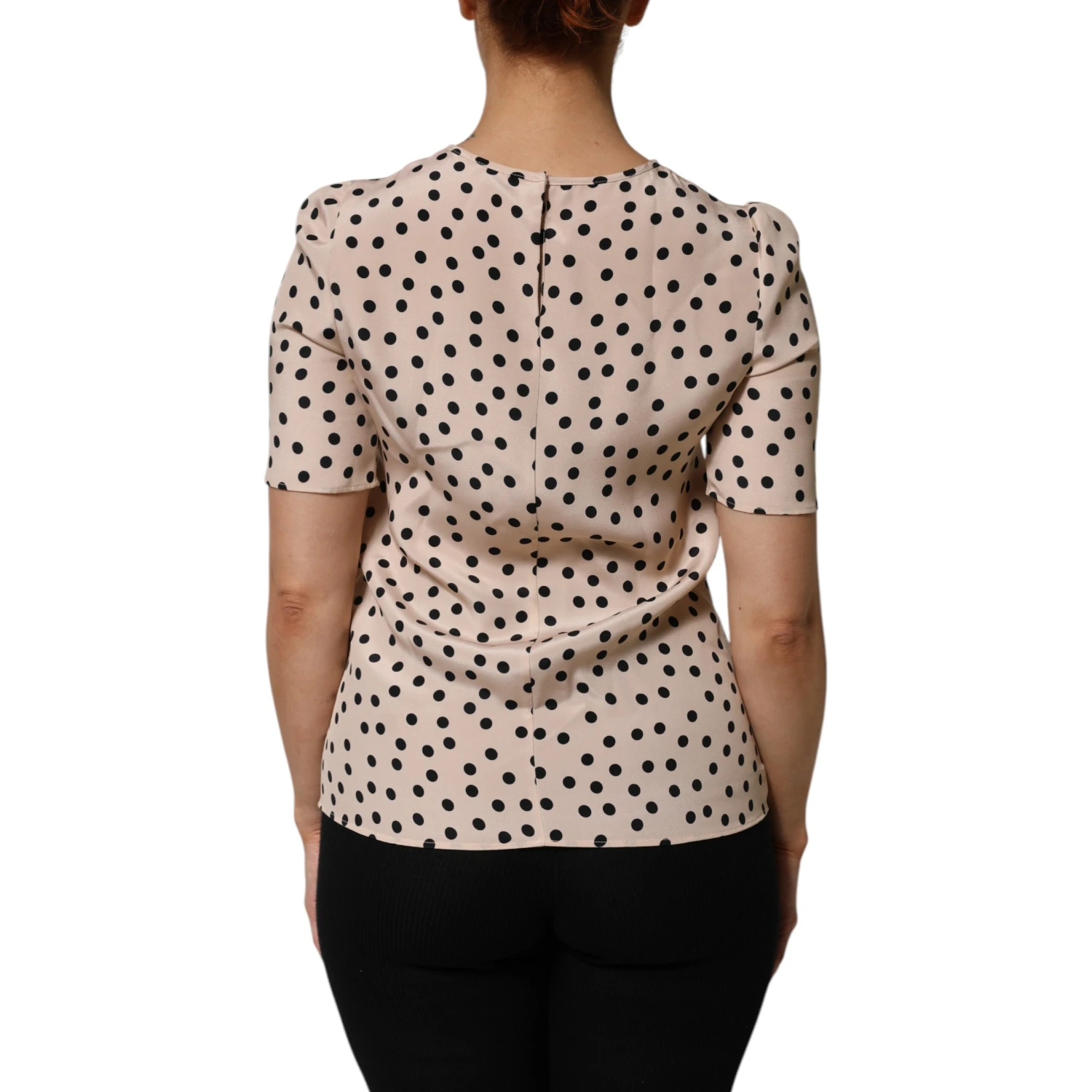 Beige Black Polka Dot Silk Short Sleeve Blouse Top