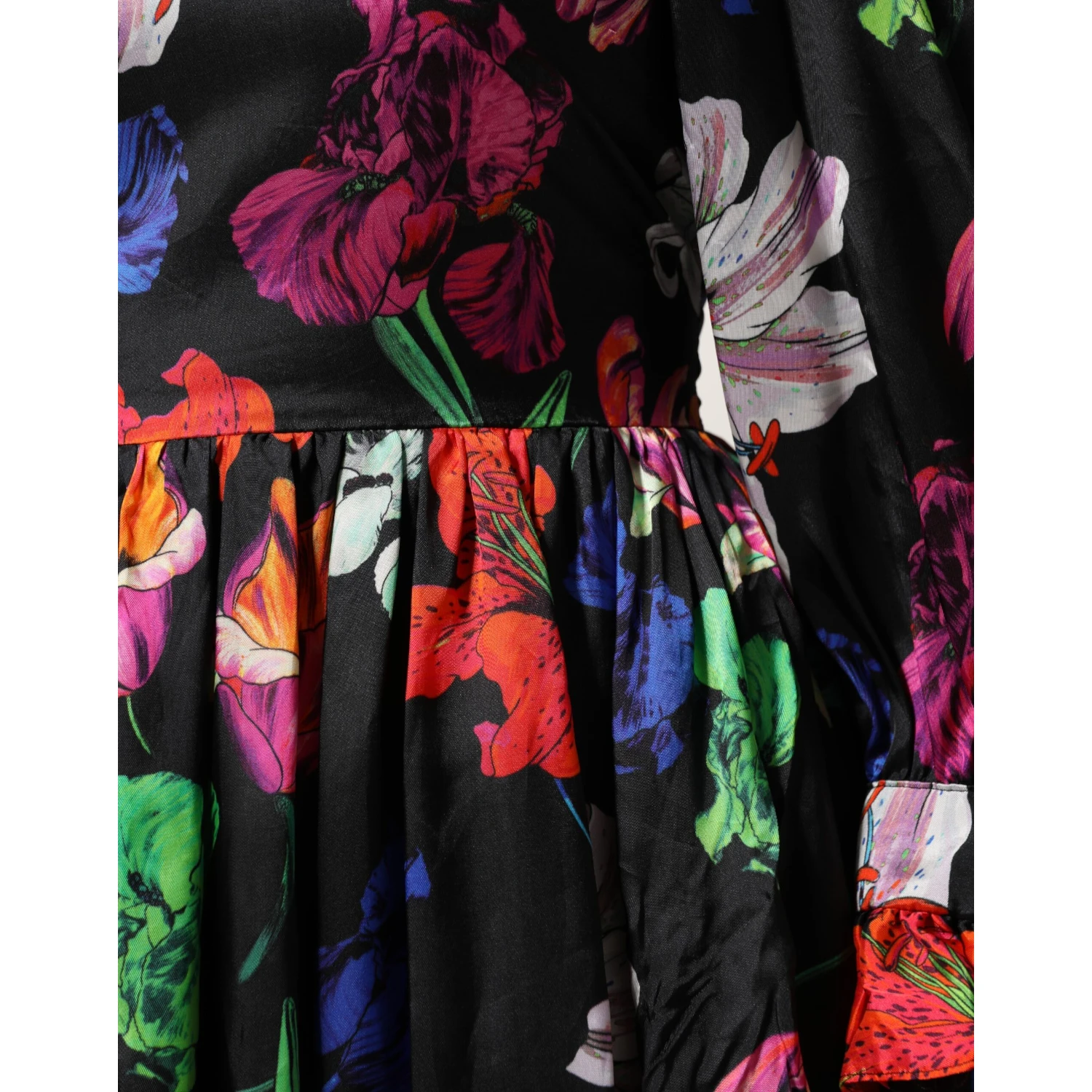 Dress Black Multicolor Floral Ruffle Long Sleeve Mini Dress