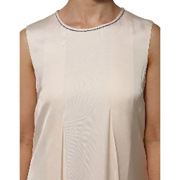 Beige Viscose Pleated Sleeveless Long Maxi Dress
