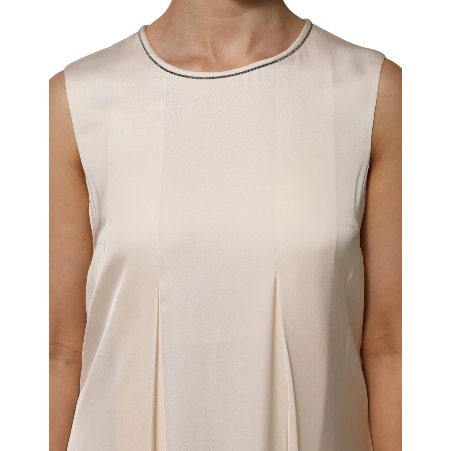 Beige Viscose Pleated Sleeveless Long Maxi Dress