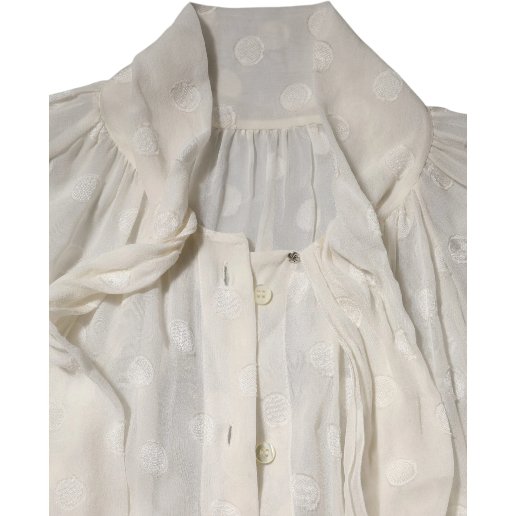 White Polka Sheer Silk Bow Tie Shirt Blouse Top