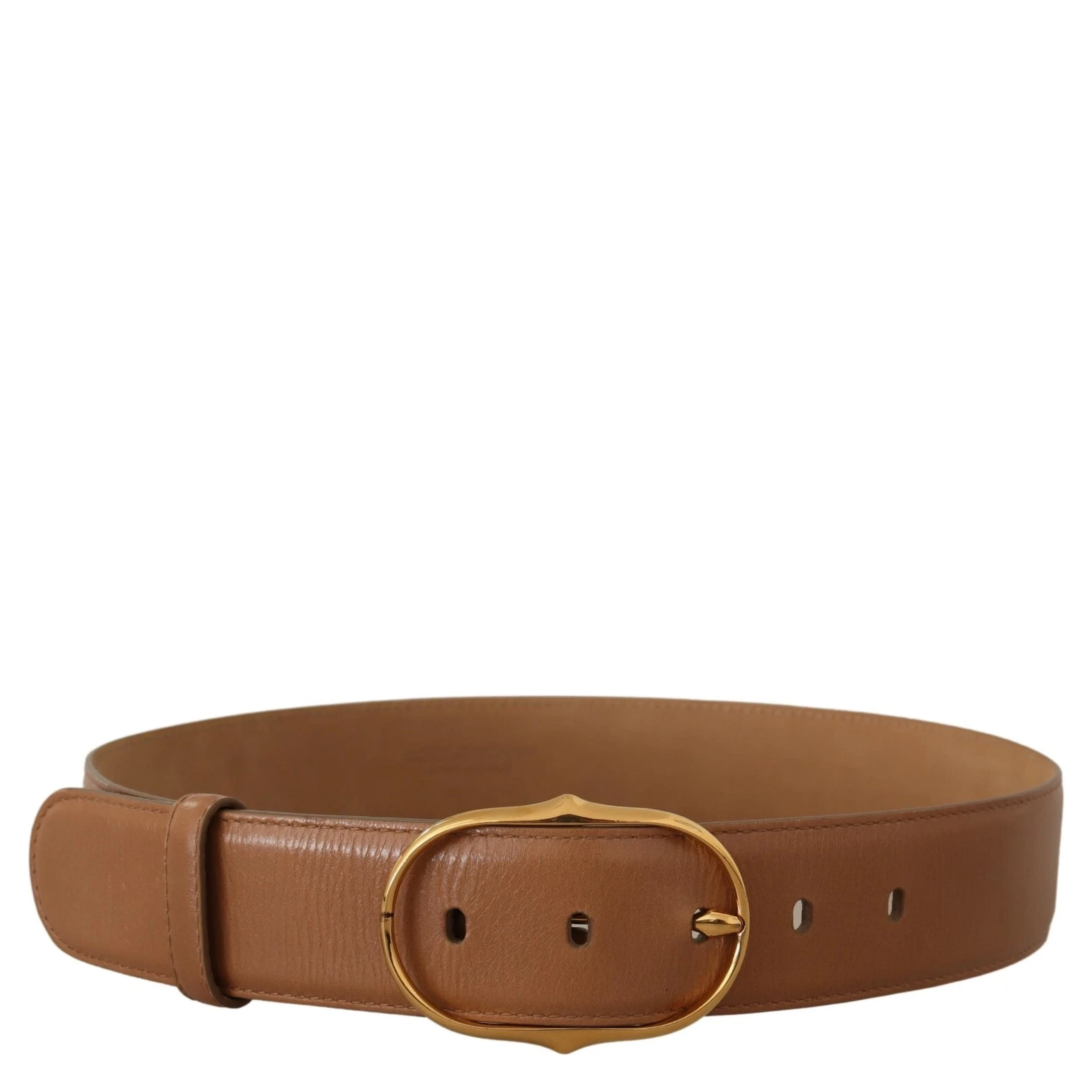 Brown Leather Gold Metal Oval Buckle Belt