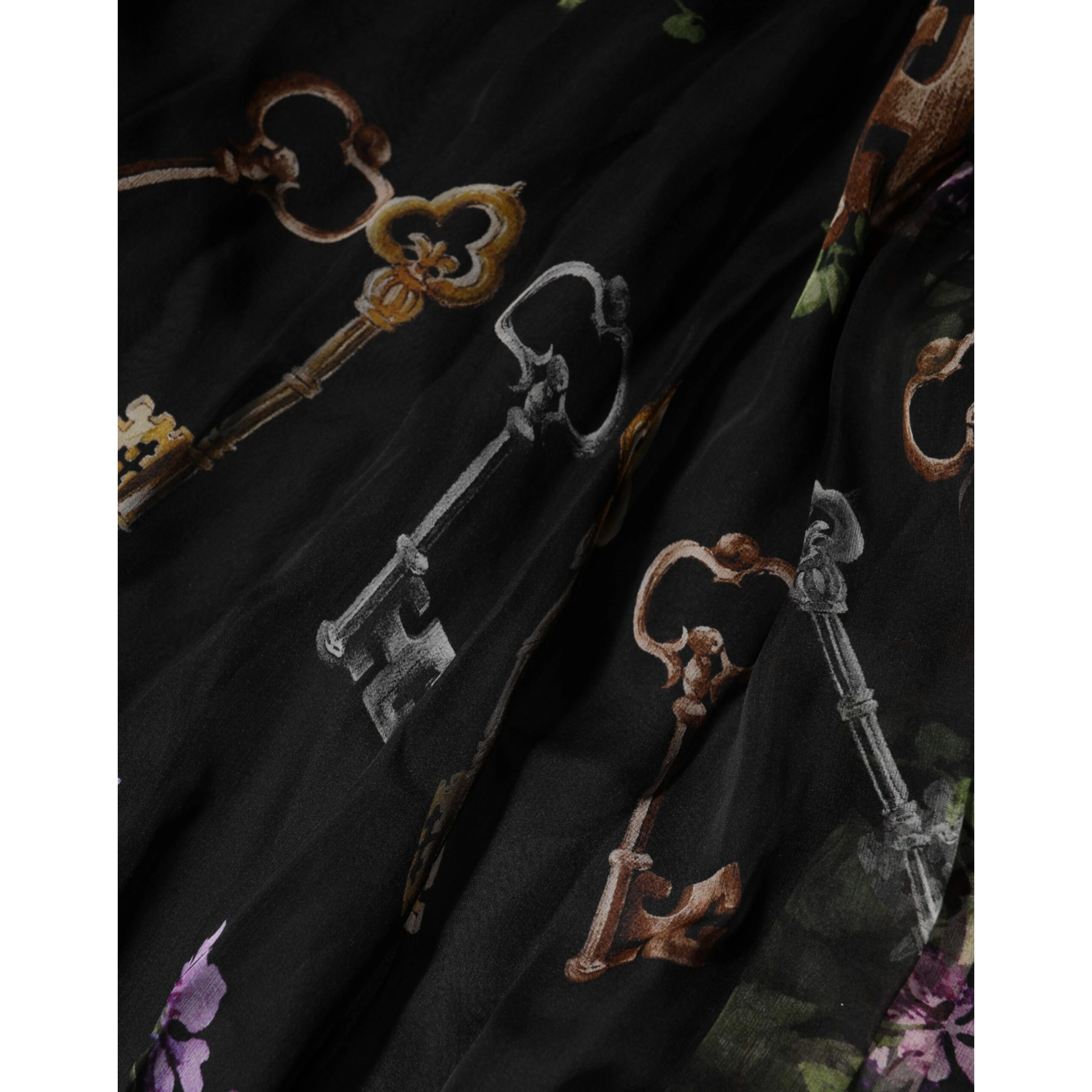 Black Floral Key Print Crystal Strapless Dress