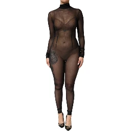 Black Sheer Mesh Long Sleeve Jumpsuit Bodysuit Dress