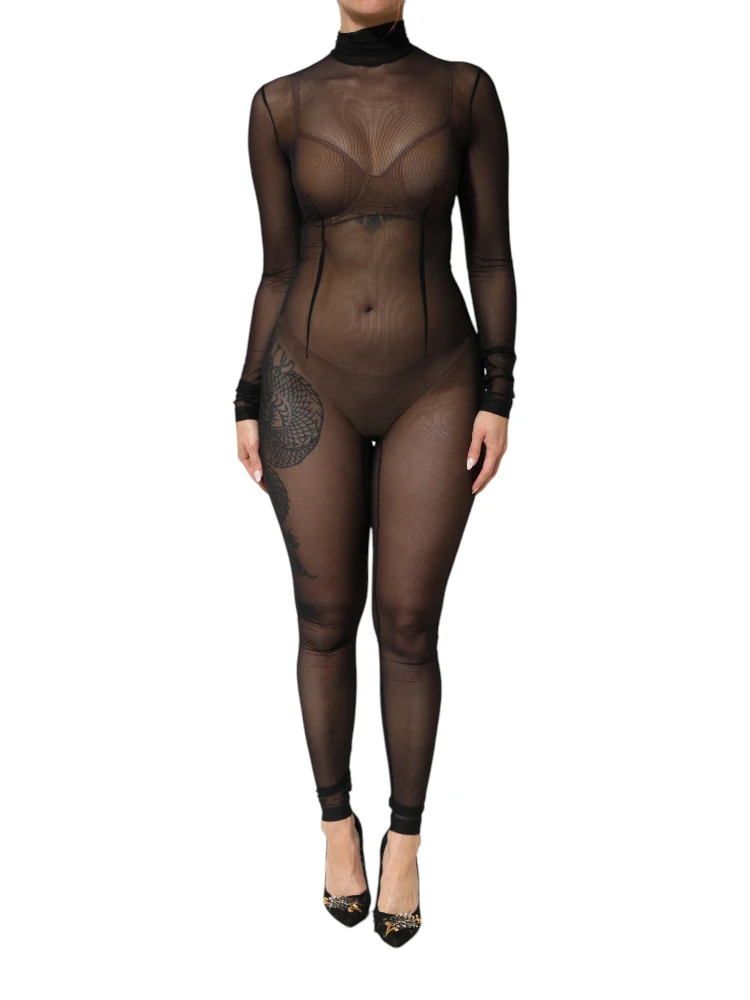 Black Sheer Mesh Long Sleeve Jumpsuit Bodysuit Dress