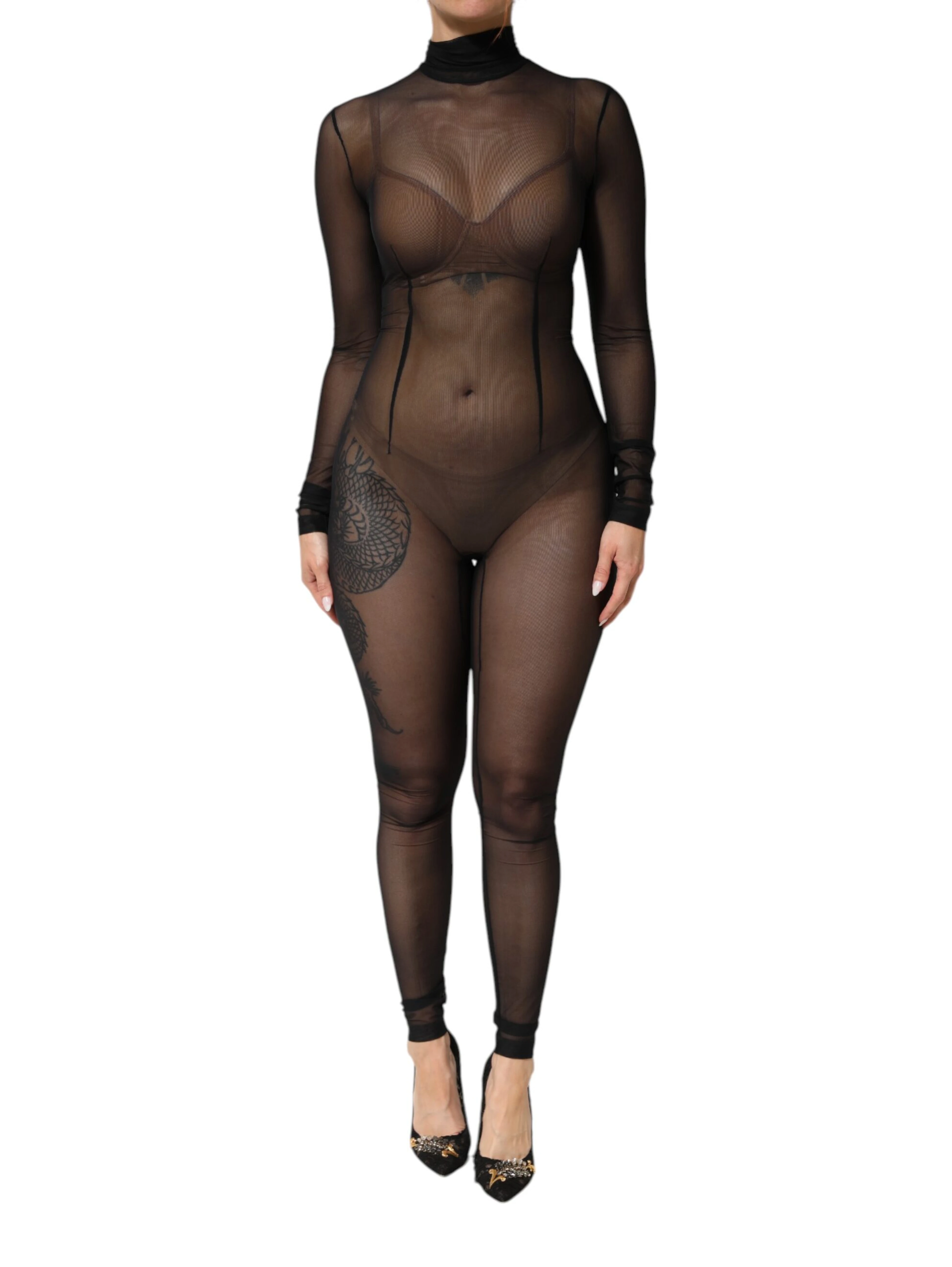 Black Sheer Mesh Long Sleeve Jumpsuit Bodysuit Dress