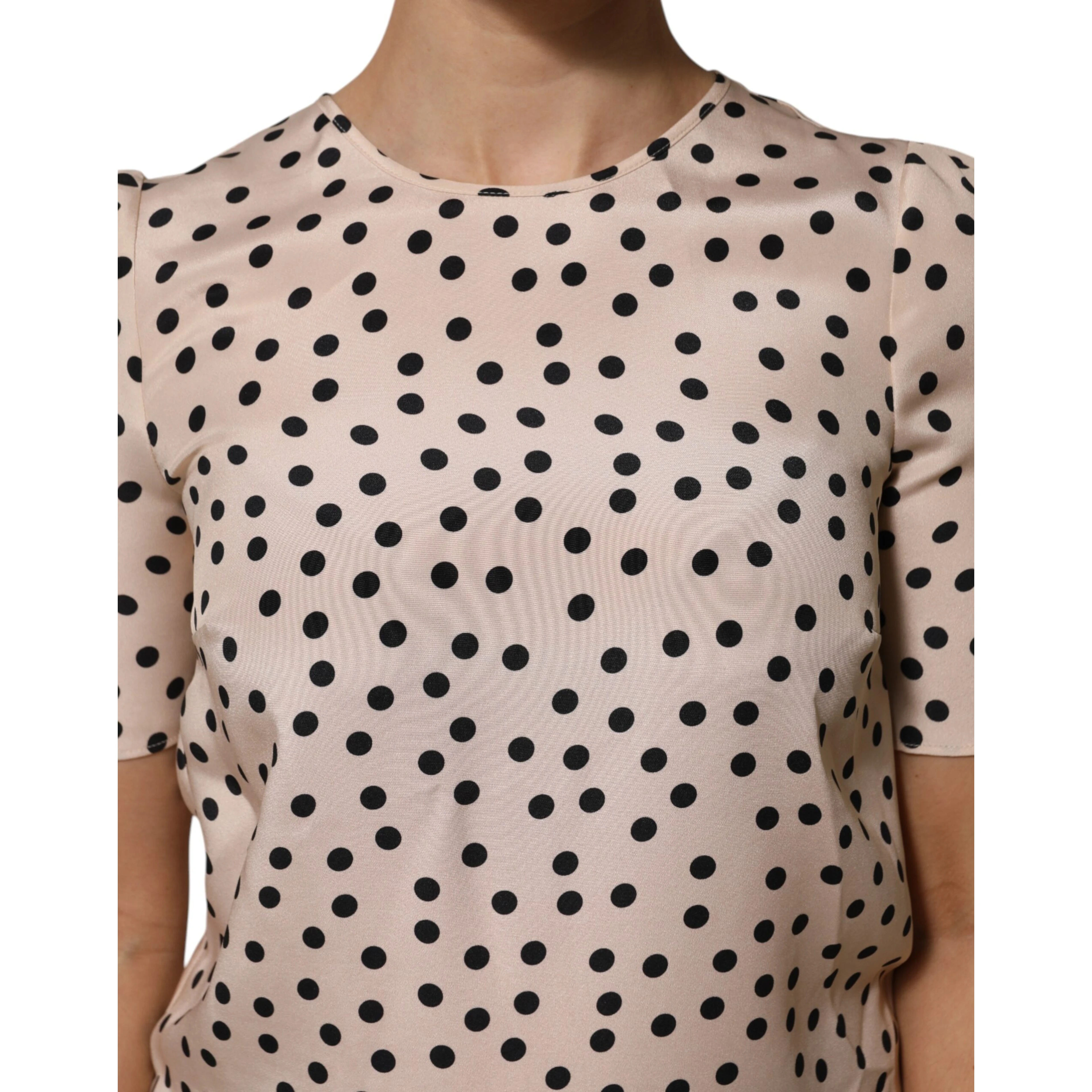 Beige Black Polka Dot Silk Short Sleeve Blouse Top