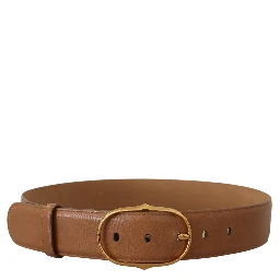 Brown Leather Gold Metal Oval Buckle Belt