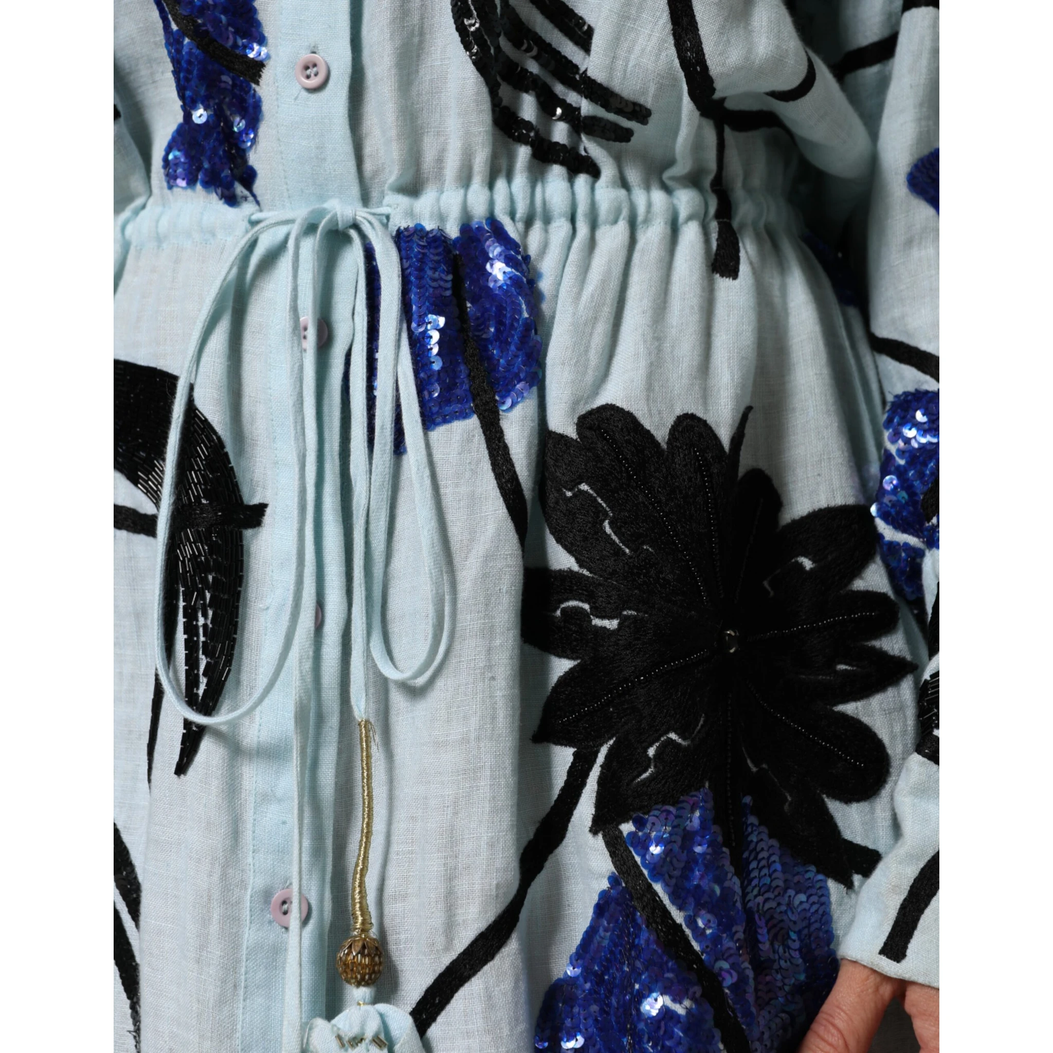 Blue Sequin Embellished Shirt Maxi Dress