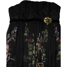 Black Floral Key Print Crystal Strapless Dress