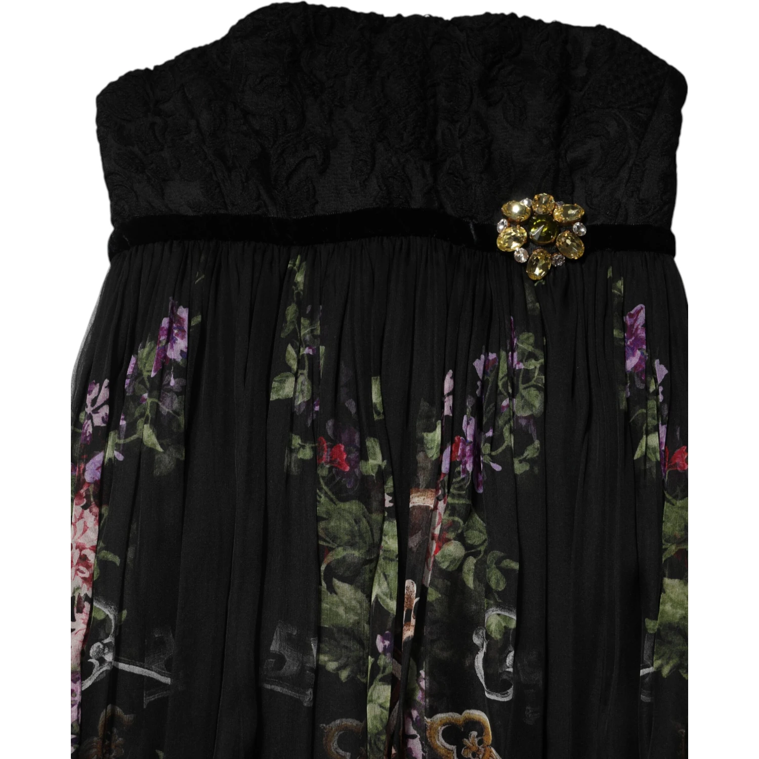 Black Floral Key Print Crystal Strapless Dress
