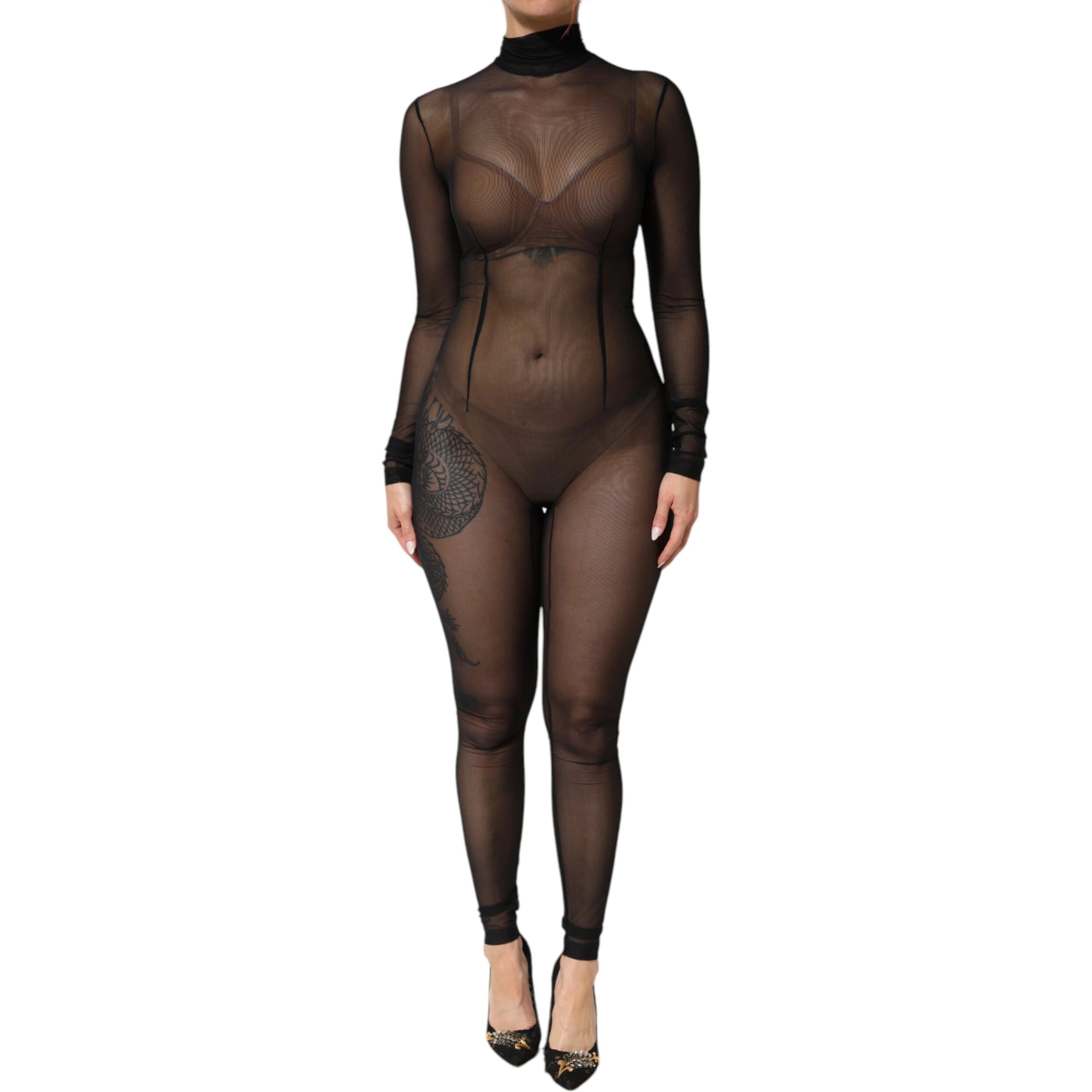 Black Sheer Mesh Long Sleeve Jumpsuit Bodysuit Dress