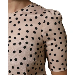 Beige Black Polka Dot Silk Short Sleeve Blouse Top